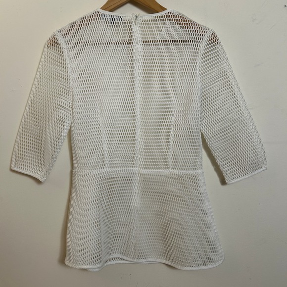 Gracia White Mesh Peplum Top Honeycomb Structured Sheer 3/4 Sleeve Large - Picture 2 of 8